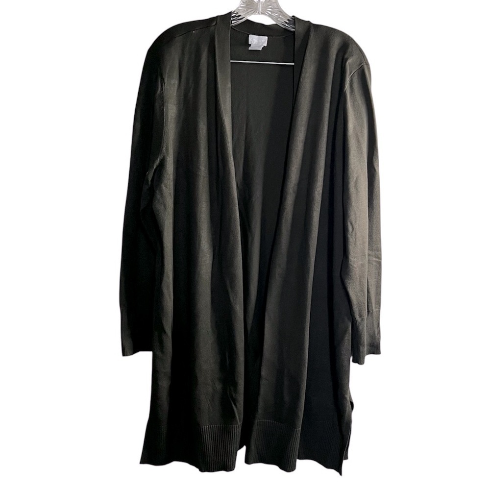 Chico’s Forest Green Long Line Open Front Side Slits Cardigans
